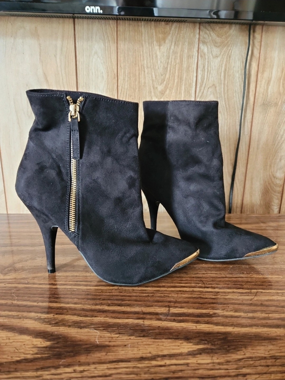 Black Suede Pointed Ankle Booties with Gold Zip Accent